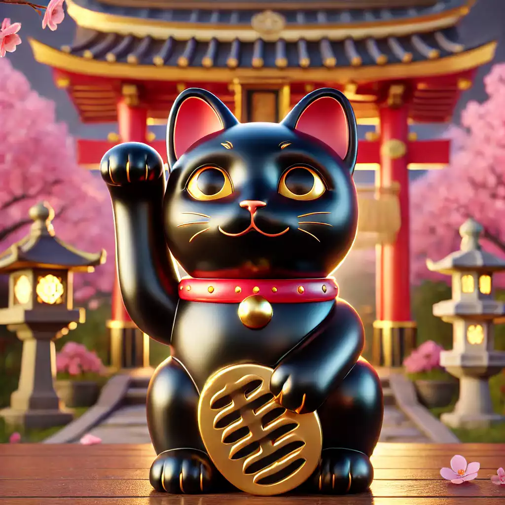 Statuette de Maneki Neko représentant un chat noir porte-bonheur