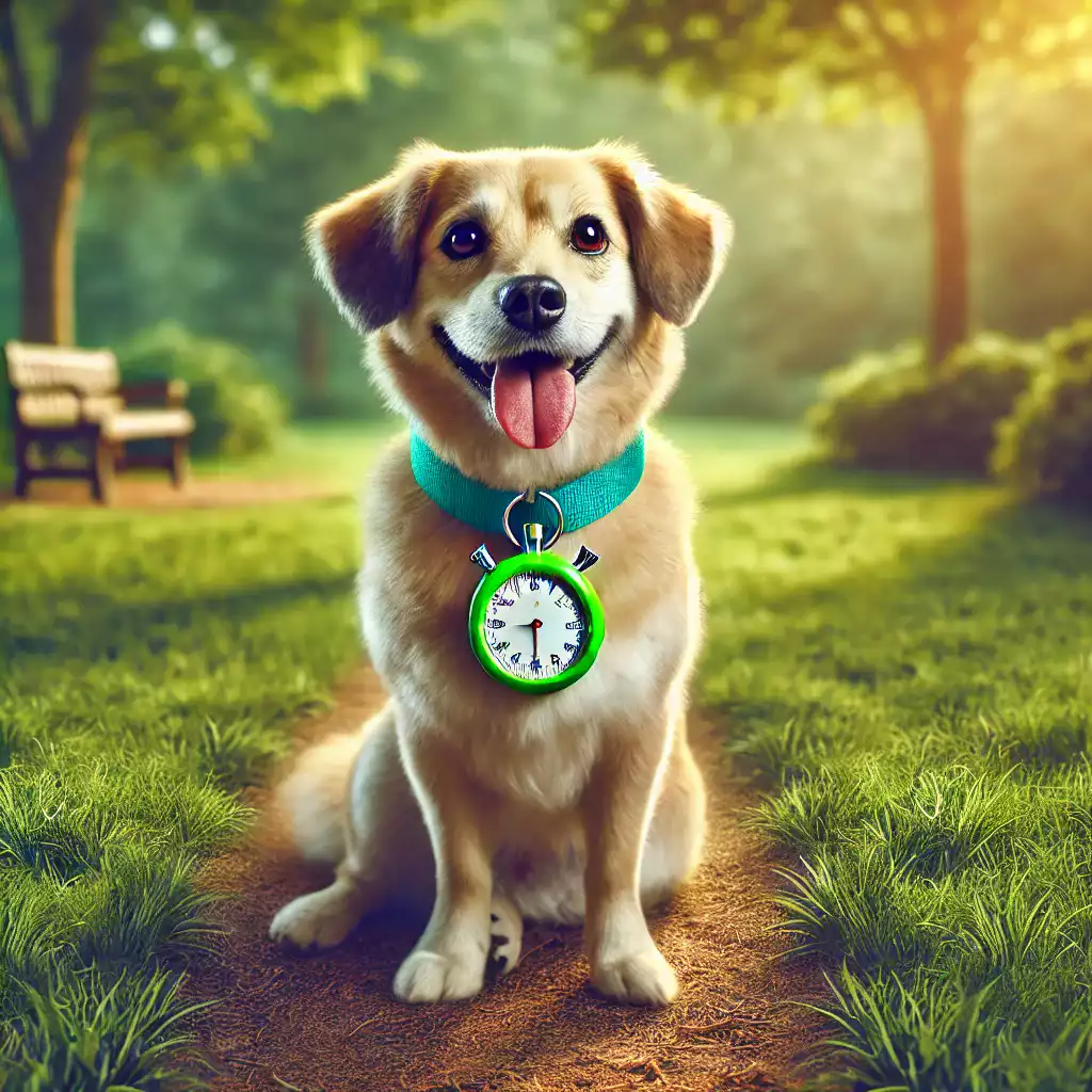 Un chien assis avec une chronomètre attaché à son collier
