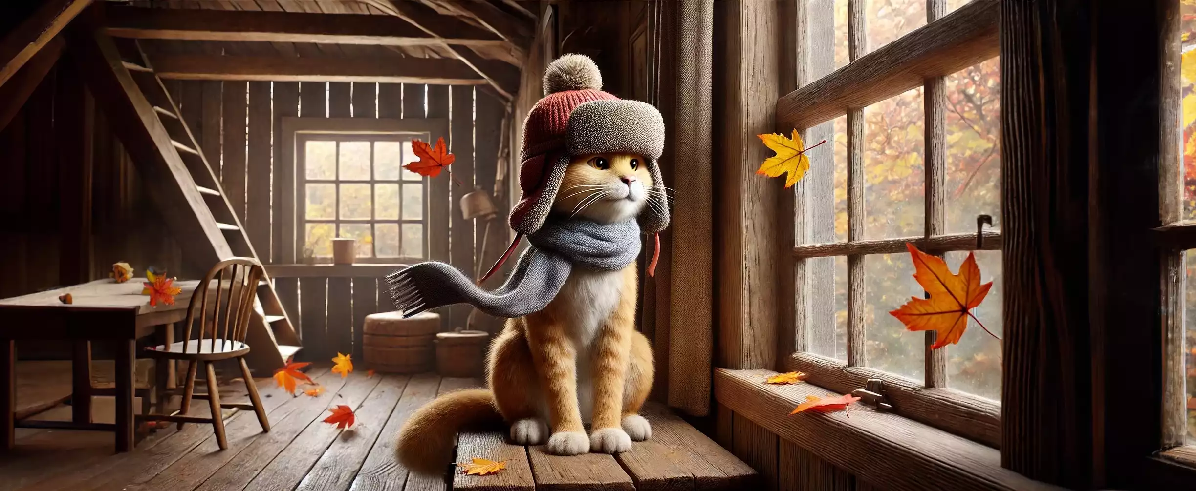 Un chat qui regarde un paysage automnal par la fenêtre