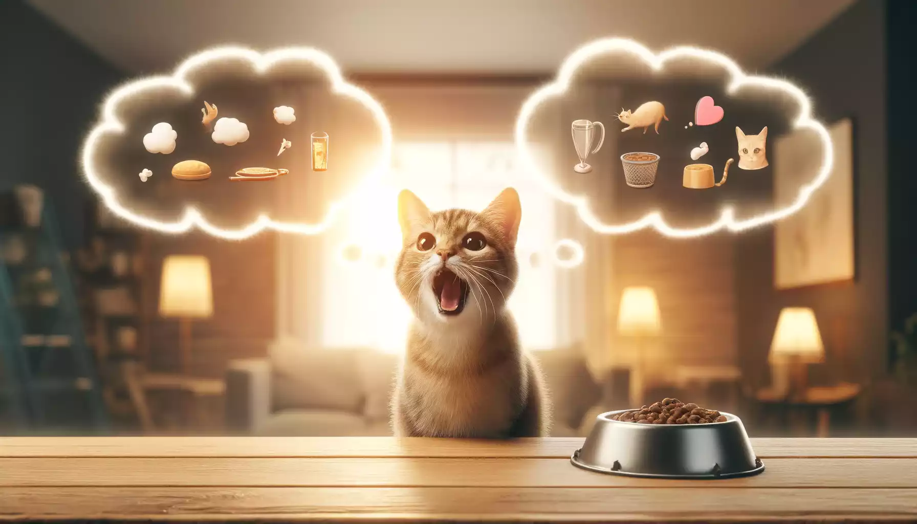 Chat miaulant avec des bulles de dialogue représentant de la nourriture et de l'affection