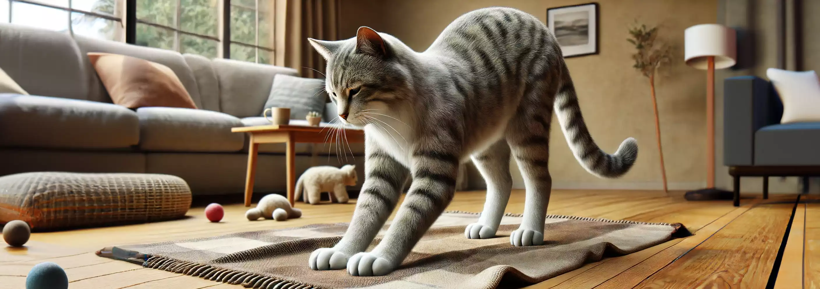 Chat gris tigré pétrissant une couverture dans un salon avec des jouets autour