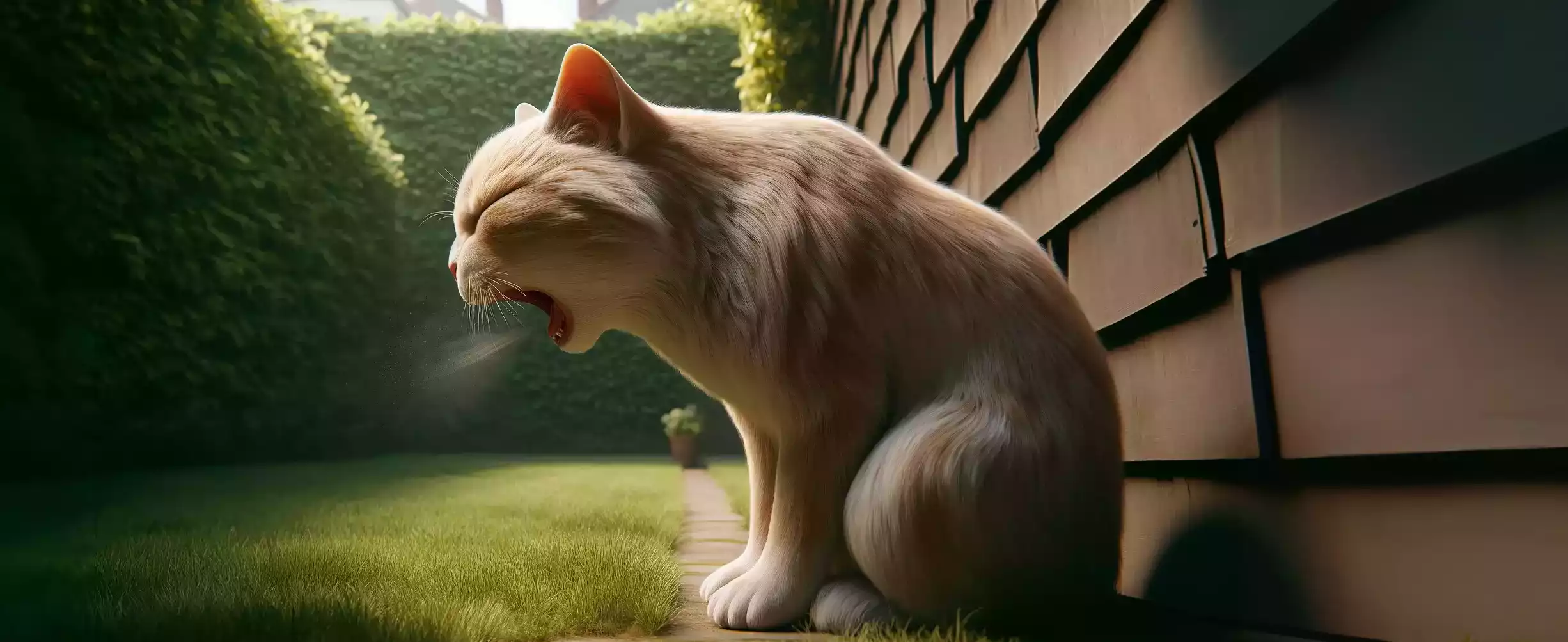 Chat roux qui tousse dans son jardin, assis près d'un mur