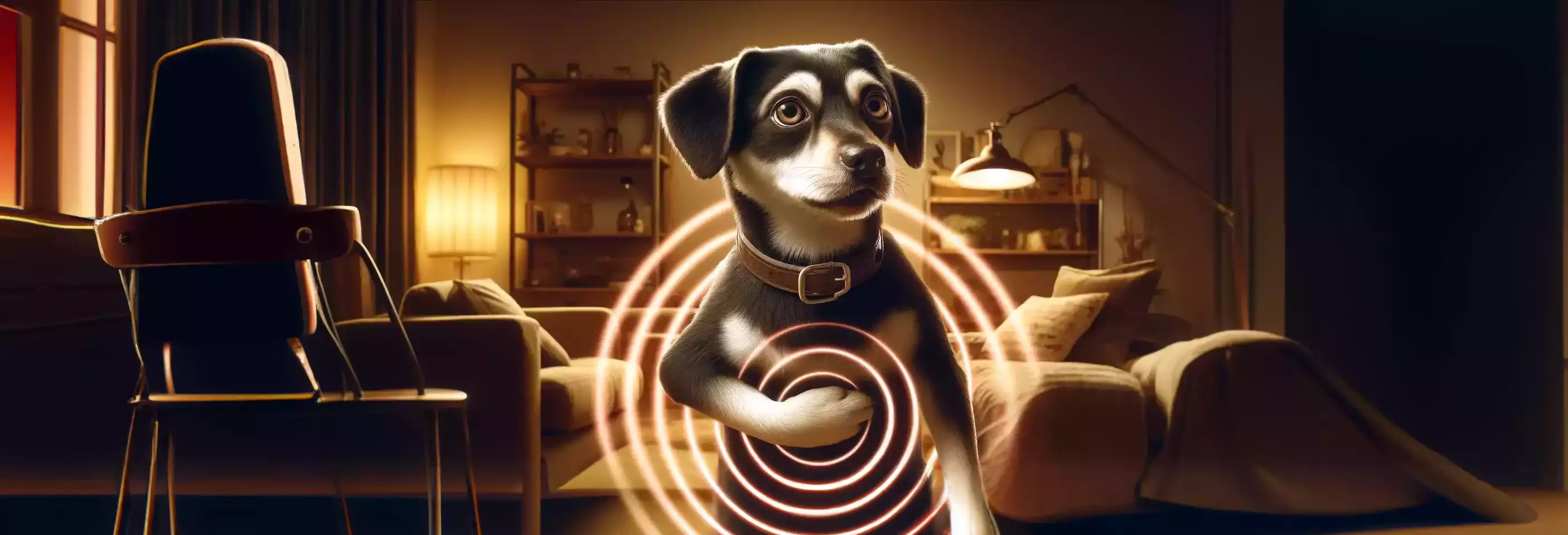 Chien qui a le hoquet avec des ondes autour de son estomac dans un salon