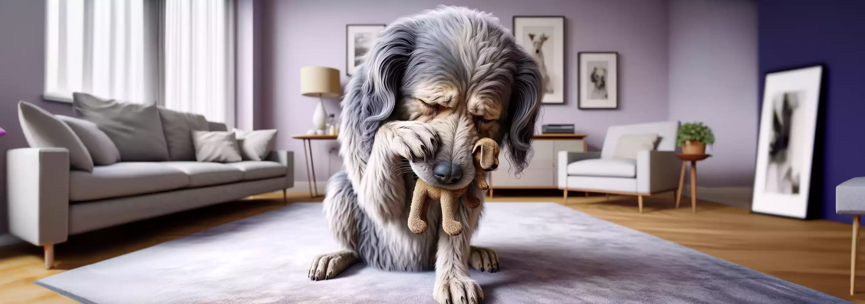 Chien qui pleure avec un jouet en peluche dans la bouche dans un salon moderne